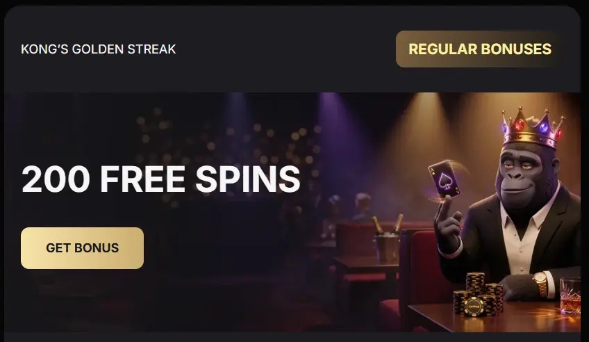 Spin Kong free spins bonus showing wagering requirements and promotional terms