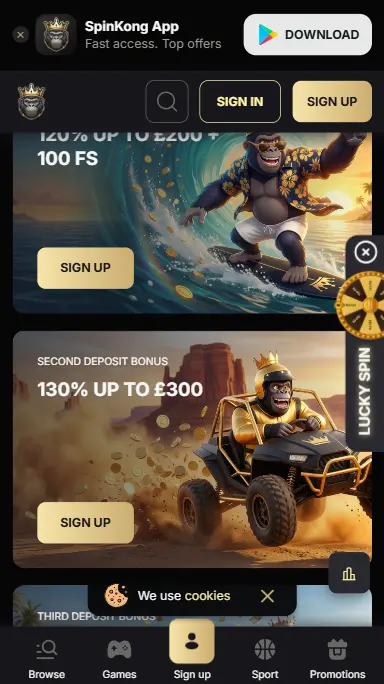 SpinKong Casino mobile app showing welcome bonus free spins cashback and reload offers