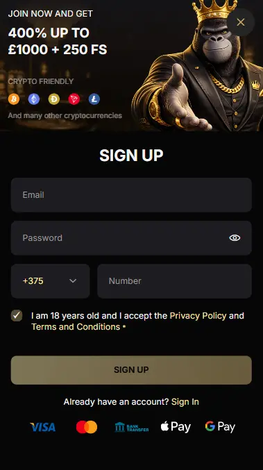 Casino SpinKong mobile app showing account registration and deposit options