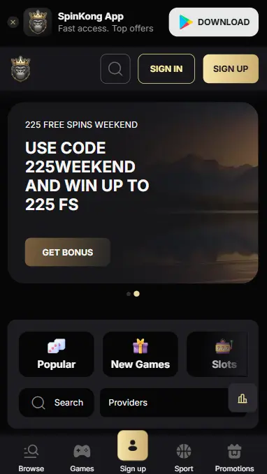 SpinKong Online Casino mobile version showing the PWA interface on Android and iOS