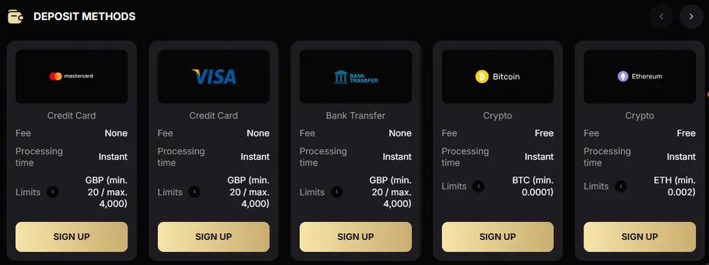 Spin Kong Casino deposit methods page showing available payment options