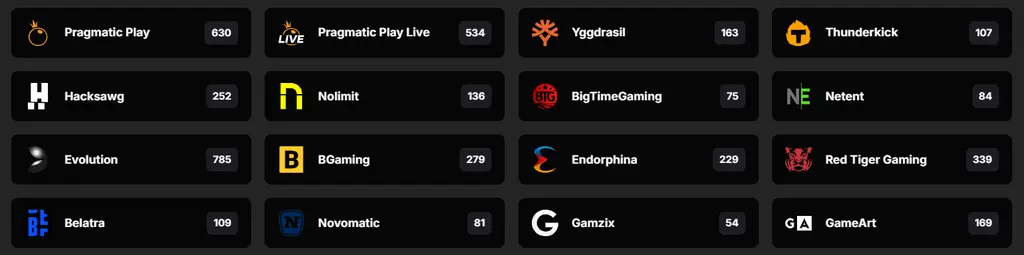 Casino SpinKong game providers section featuring BGaming True Labs and Gamzix
