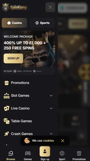 SpinKong mobile interface showing the casino menu and game categories