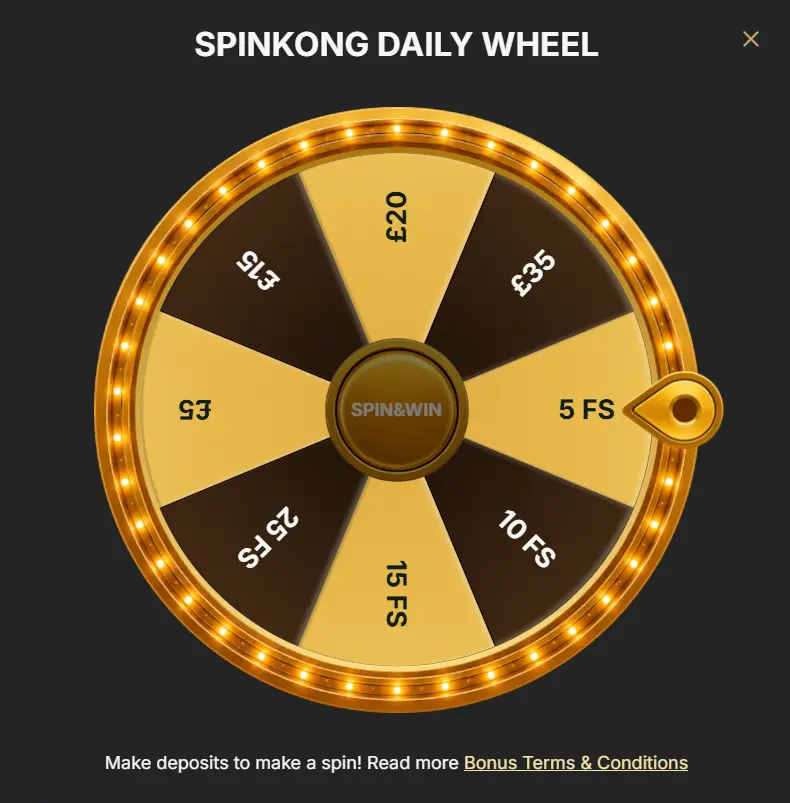 Casino SpinKong free spins offers showing different types of free spin bonuses