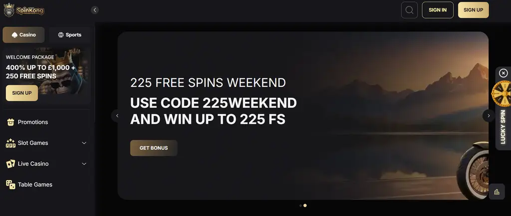 Spin Kong Casino official site homepage showing slots live casino games and payment options