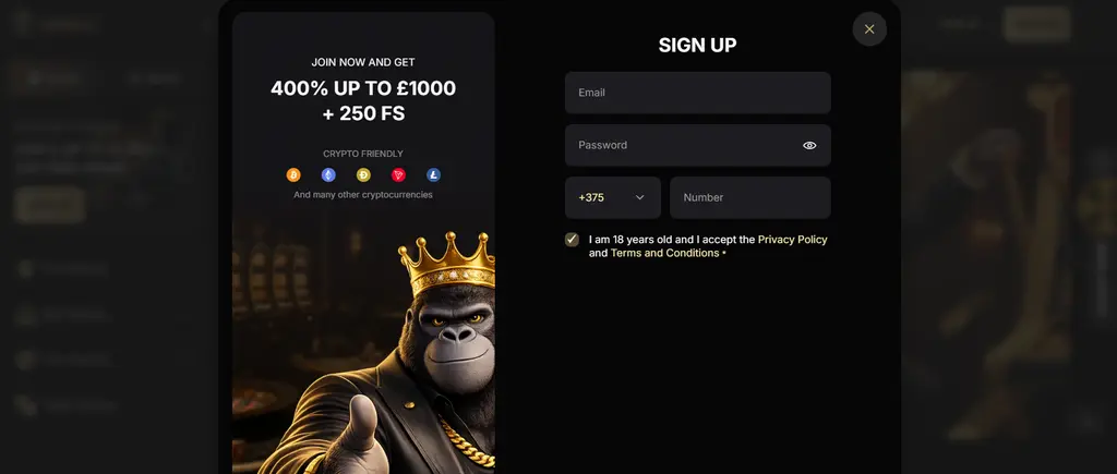 SpinKong Casino registration page showing the sign up form for new players