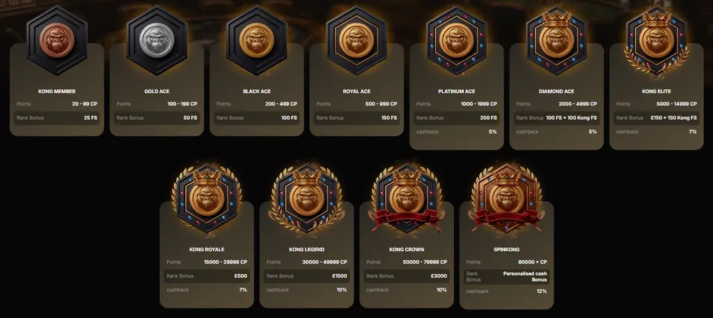 Spin Kong VIP Club levels showing loyalty statuses and player rewards